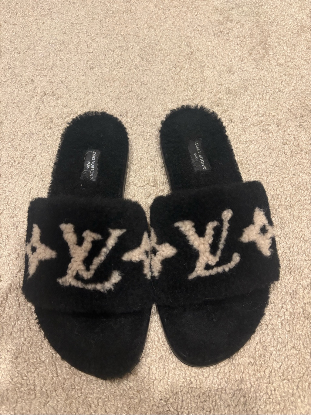 Louis Vuitton Black Shearling Logo Slide Sandals With Cream Accents